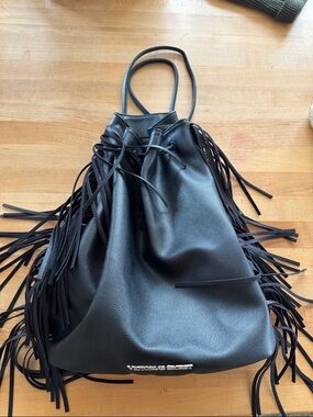 Victoria's Secret Black Fringe Drawstring Shoulder Tote